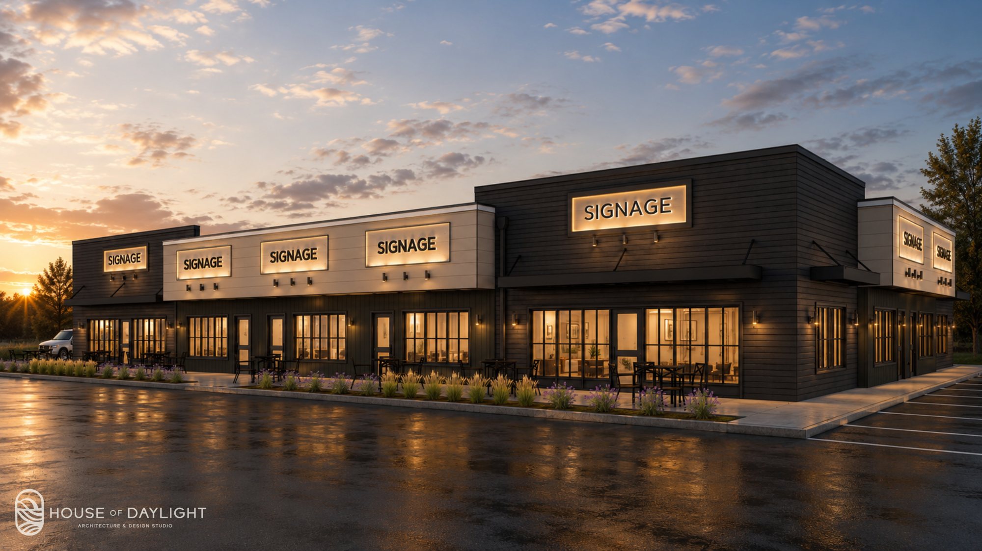 The Cornerstone at Maple River Town Square at dusk — black board-and-batten storefronts with lit windows and lit sign panels.
