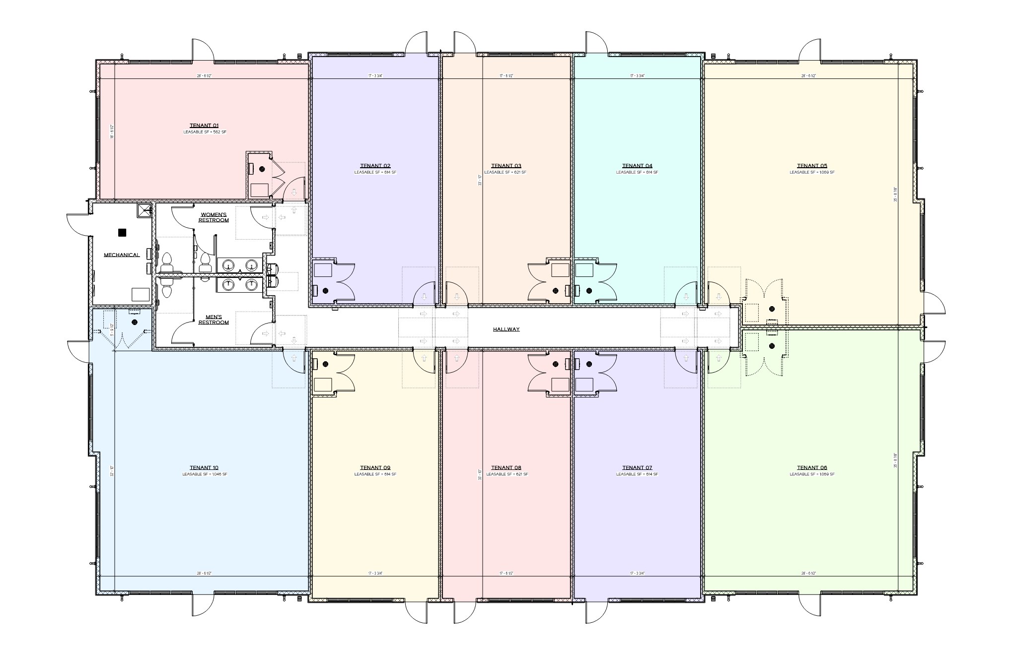 Lease plan of The Cornerstone showing ten tenant suites with leasable square footage, a center core with restrooms and mechanical, and a central hallway.
