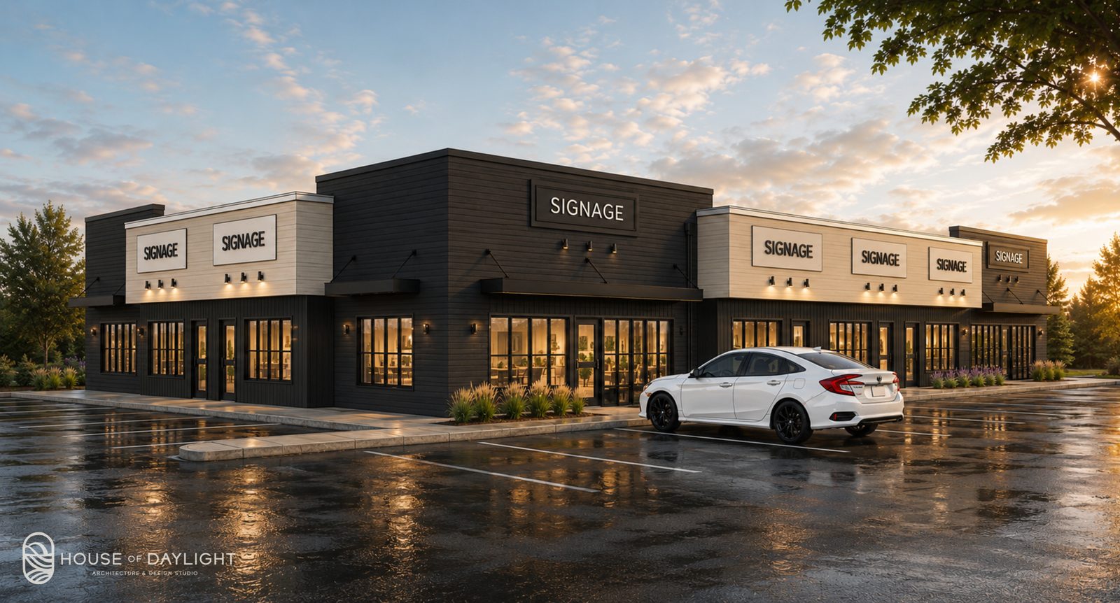 Corner view of The Cornerstone at dusk, lit sign panels above black storefronts with warm interior light.