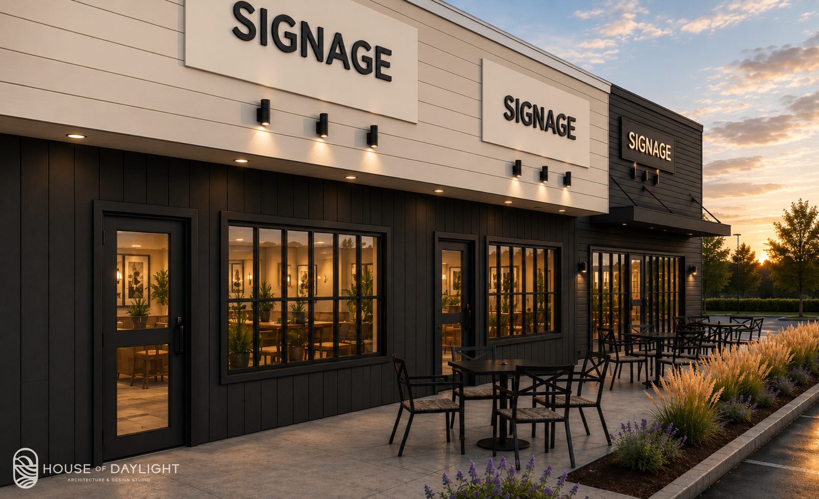Close view of a storefront entrance with divided-lite glazing and gooseneck lighting.